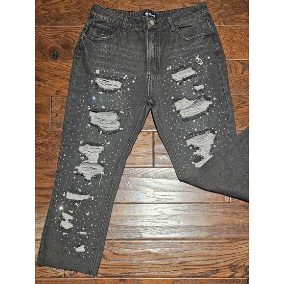 Vocal Dreamer Y2K Distressed Gray Jeans W Pearl & Rhinestone Embellishments S L - Picture 1 of 6